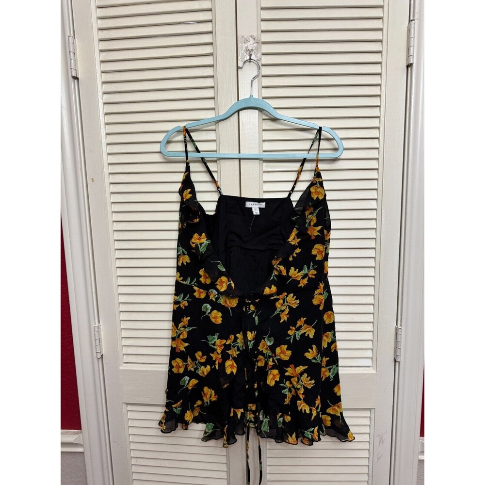 Topshop Womens Strappy Spaghetti Strap Mini Wrap Dress Black Yellow Floral US 2